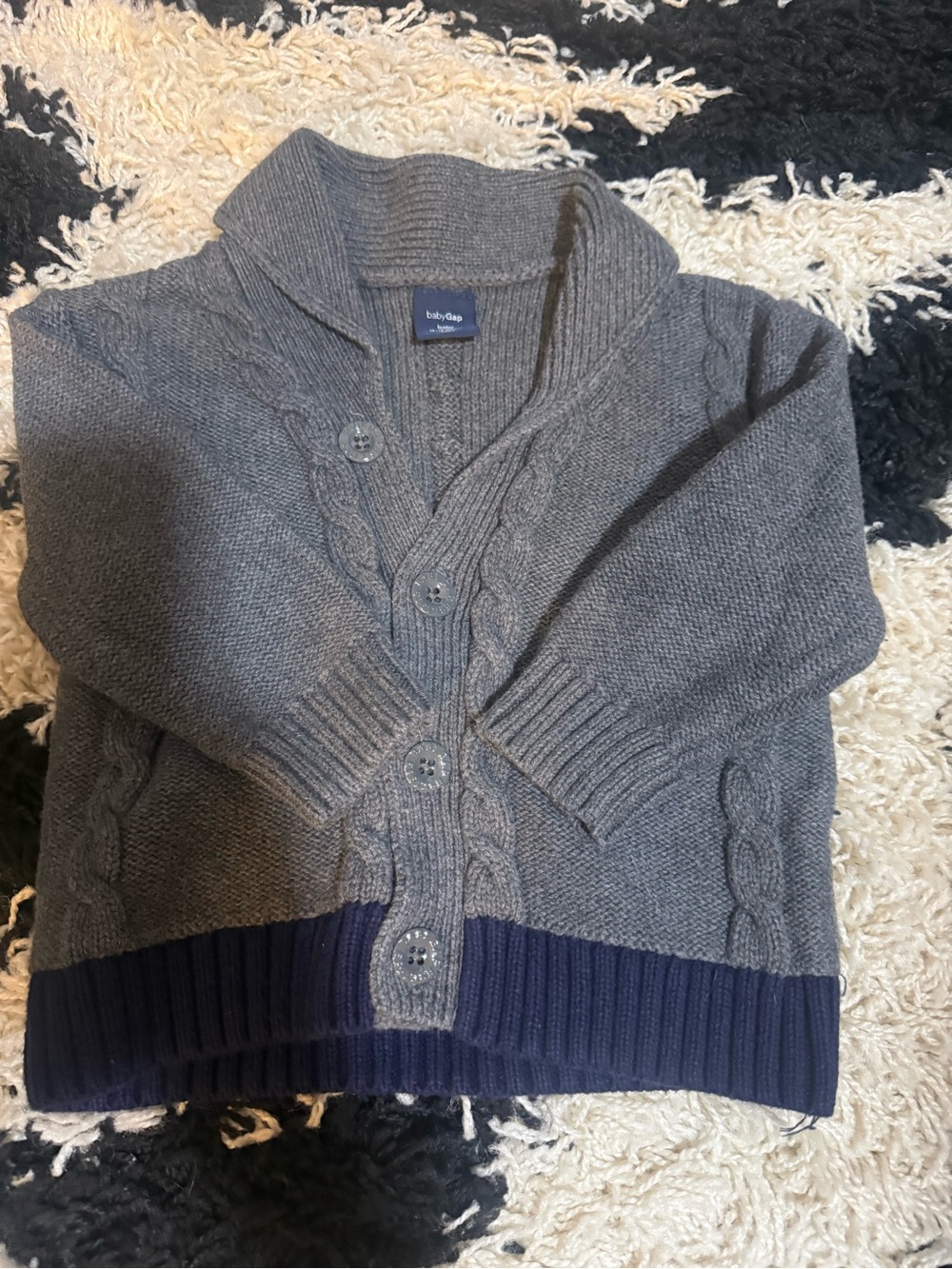 GAP Baby Gray Cable Knit Button-Up Sweater with Navy Hem